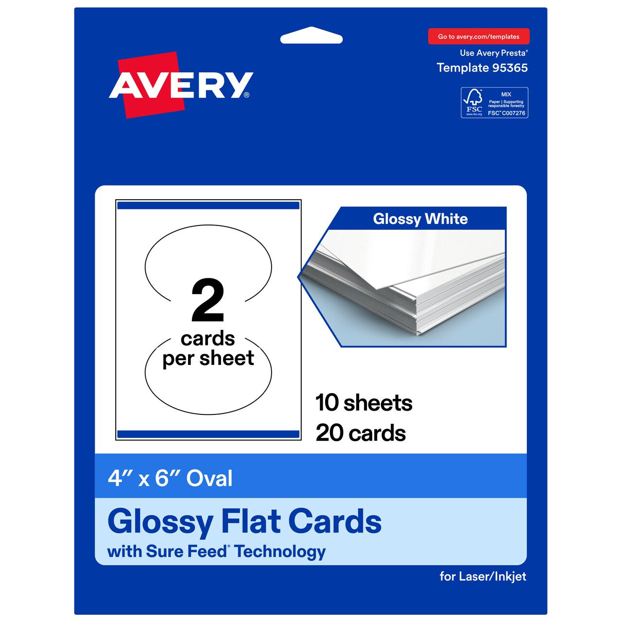 Avery Printable Oval Flat Cards, Sure Feed Technology, 4" x 6", Glossy White Cardstock, Print-to-The-Edge, Laser/Inkjet Printable, 20 Total, Great for Product Branding, Marketing, and More